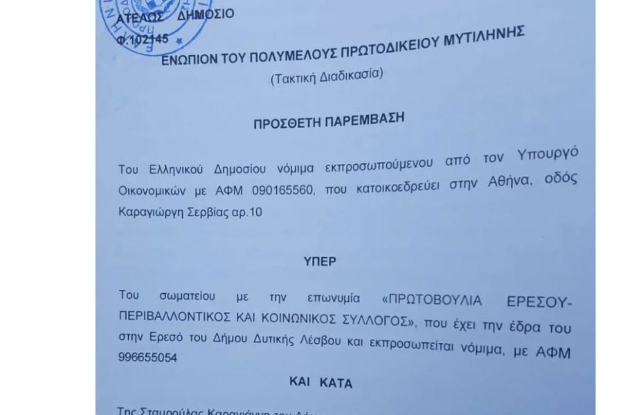 Παρέμβαση του ελληνικού δημοσίου υπέρ της Πρωτοβουλίας Ερεσού